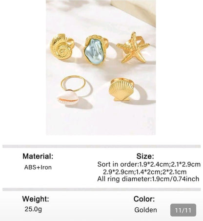 1 Set Exaggerated Fashion Starfish Shell Finger Ring Asymmetrical Faux Pearl Open Adjustable Ring Set,