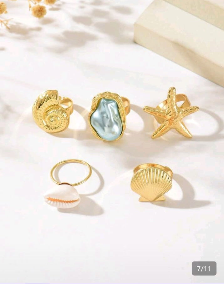 1 Set Exaggerated Fashion Starfish Shell Finger Ring Asymmetrical Faux Pearl Open Adjustable Ring Set,