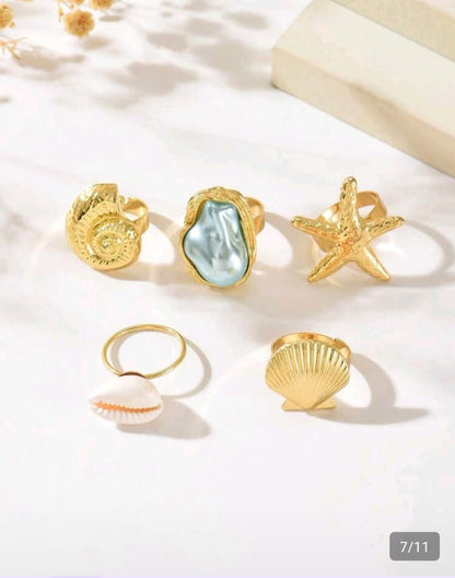 1 Set Exaggerated Fashion Starfish Shell Finger Ring Asymmetrical Faux Pearl Open Adjustable Ring Set,