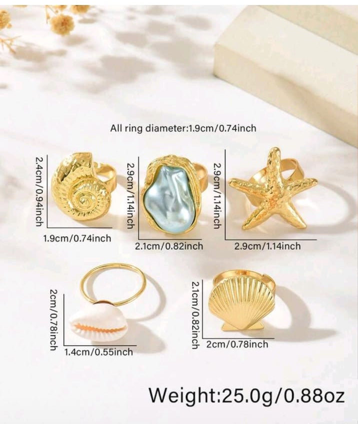 1 Set Exaggerated Fashion Starfish Shell Finger Ring Asymmetrical Faux Pearl Open Adjustable Ring Set,