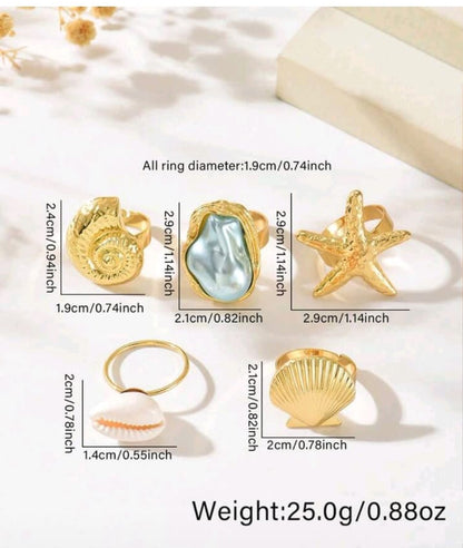 1 Set Exaggerated Fashion Starfish Shell Finger Ring Asymmetrical Faux Pearl Open Adjustable Ring Set,