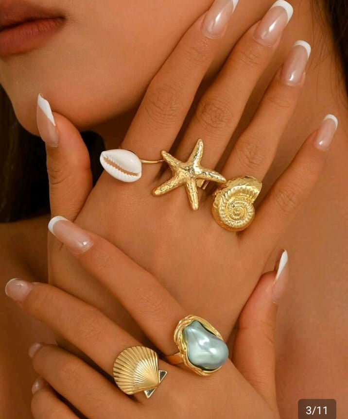 1 Set Exaggerated Fashion Starfish Shell Finger Ring Asymmetrical Faux Pearl Open Adjustable Ring Set,