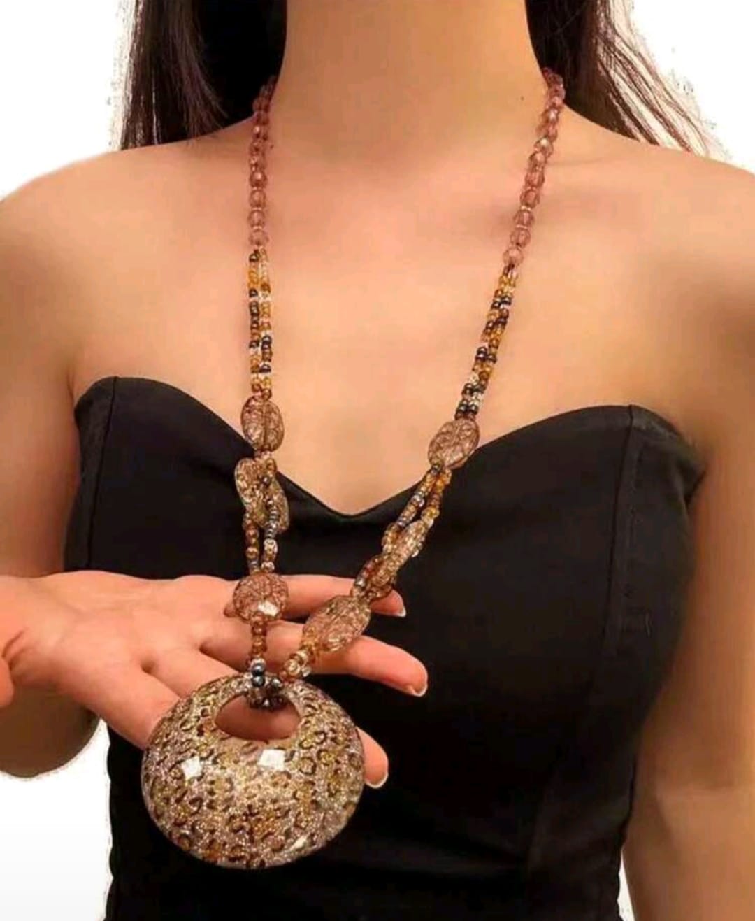 1pc Retro Babe Leopard Beaded Necklace With Simple Oval Pendant, Long Chain Accessory