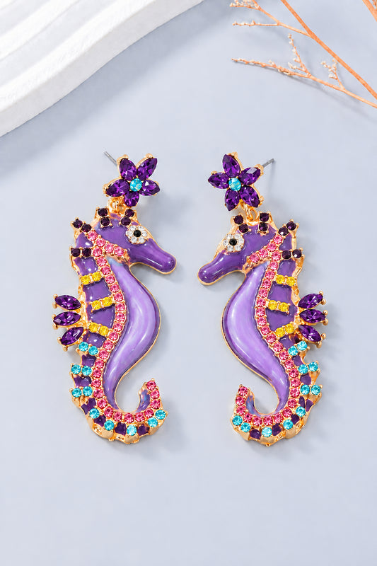 1 Pair Women's Rhinestone Dripping Animal Charm Earrings, Fun Seahorse Beach Resort Jewelry