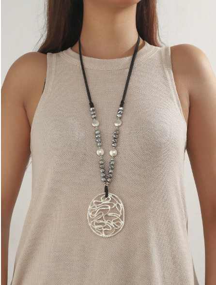Bohemian Wire-Woven Openwork Oval Pendant Long Necklace – Grey Beaded Cord