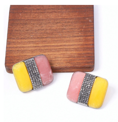 Pink, Yellow & Rhinestone Color-Block Stud Earrings – Vintage Resin Rectangular Statement Earrings
