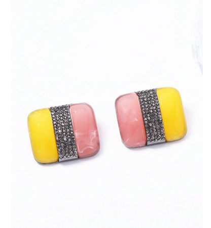 Pink, Yellow & Rhinestone Color-Block Stud Earrings – Vintage Resin Rectangular Statement Earrings
