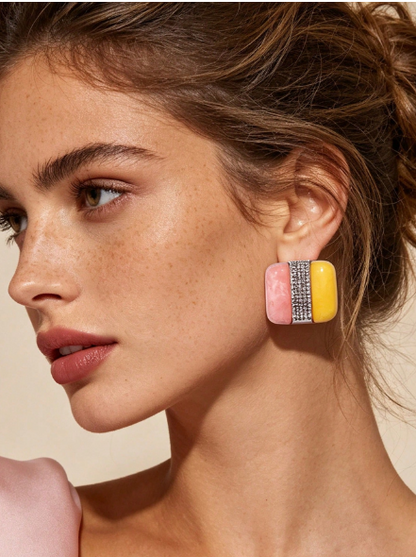 Pink, Yellow & Rhinestone Color-Block Stud Earrings – Vintage Resin Rectangular Statement Earrings