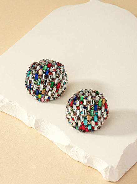 Multicolor Crystal Oval Stud Earrings – Vintage Gemstone Button Statement Earrings
