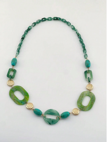 Boho Green Acrylic Link Necklace – Geometric Resin & Gold Coin Statement Necklace