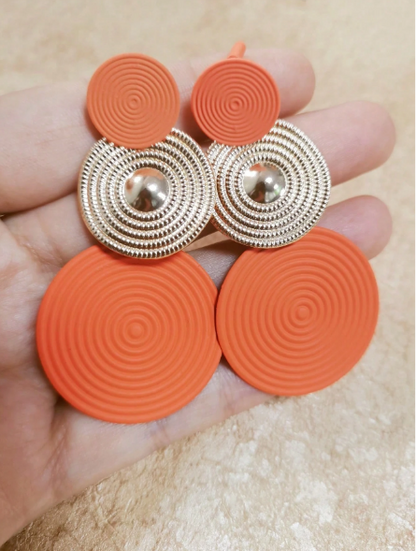 Boho Orange & Gold Tiered Disc Earrings – Concentric Circle Matte Resin & Metallic Drop Earrings