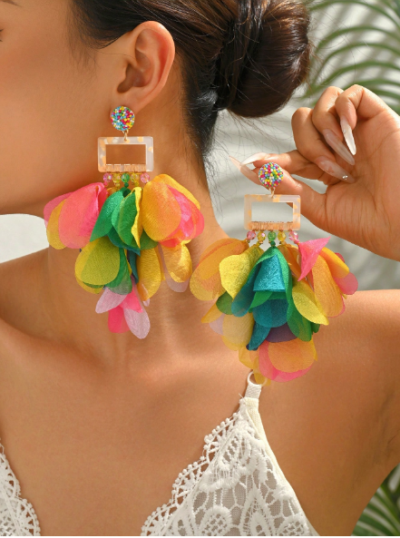 Multicolor Fabric Petal Tassel Drop Earrings – Boho Floral Statement Dangle Earrings