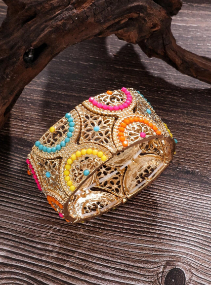 1pc Gold Plated Dopamine Style Beaded Wide Bangle Bracelet On Elastic String, Suitable For Women's Daily Wear