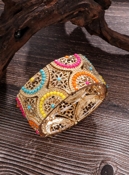 1pc Gold Plated Dopamine Style Beaded Wide Bangle Bracelet On Elastic String, Suitable For Women's Daily Wear