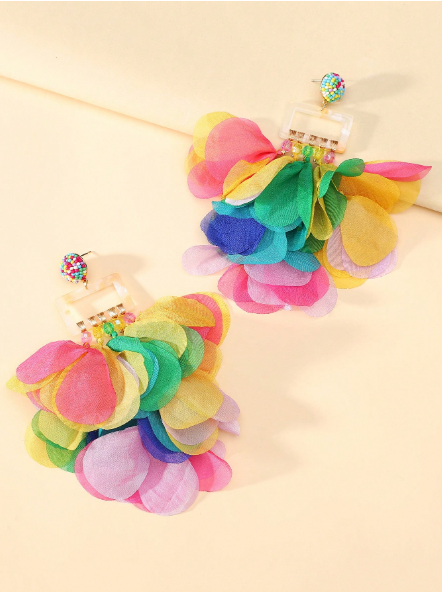 Multicolor Fabric Petal Tassel Drop Earrings – Boho Floral Statement Dangle Earrings