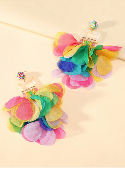 Multicolor Fabric Petal Tassel Drop Earrings – Boho Floral Statement Dangle Earrings