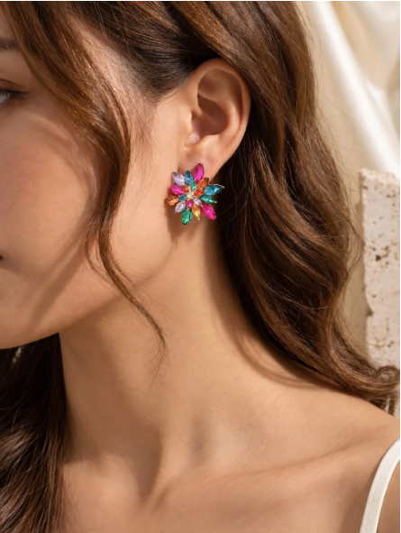 Multicolor Marquise Crystal Burst Stud Earrings – Vibrant Gemstone Flower Statement Earrings