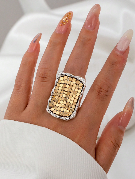 Two-Tone Metallic Mesh Statement Ring – Molten Silver & Gold Inlaid Rectangular Ring