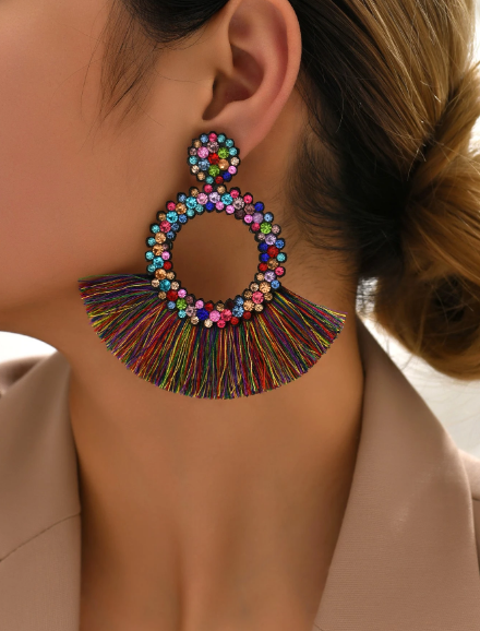 Multicolor Crystal Hoop & Fringe Tassel Earrings – Boho Rhinestone Fan Statement Earrings