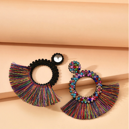 Multicolor Crystal Hoop & Fringe Tassel Earrings – Boho Rhinestone Fan Statement Earrings