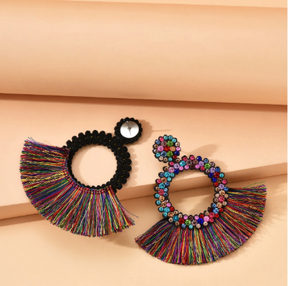 Multicolor Crystal Hoop & Fringe Tassel Earrings – Boho Rhinestone Fan Statement Earrings