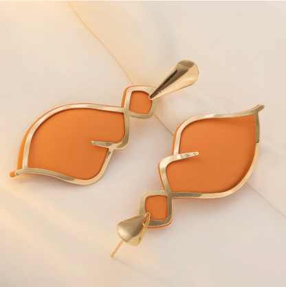Matte Orange & Gold Twist Drop Earrings – Abstract Geometric Teardrop Statement Earrings