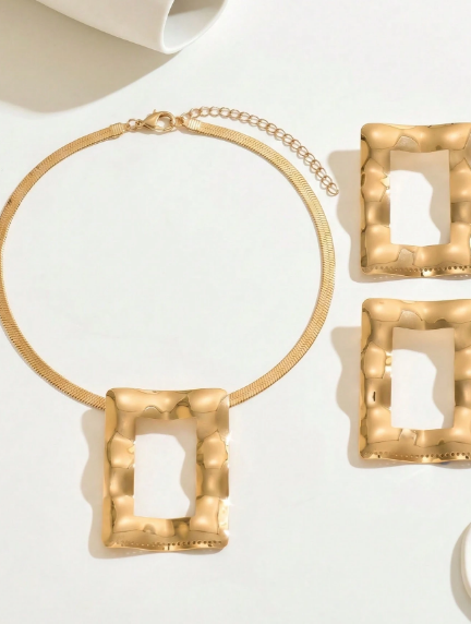 2pcs Hollow Square Necklace & Earrings Set